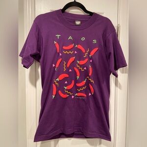 VTG 90s Taos Size M Chili Pepper Puff Print Short Sleeve T Shirt Retro Purple